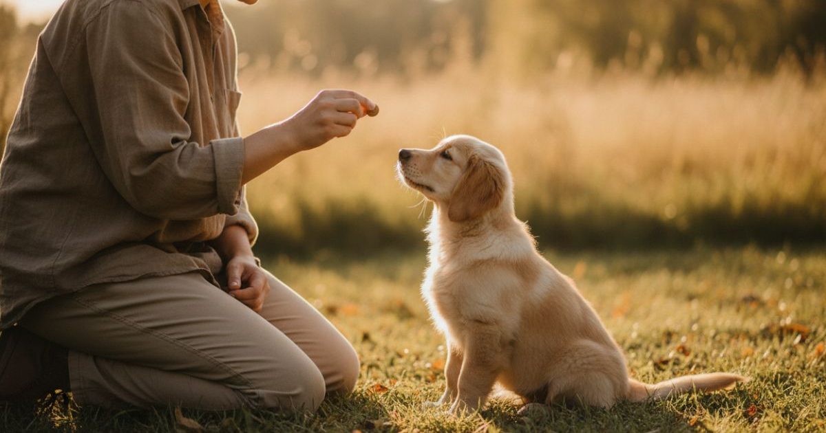 A puppy training outdoors