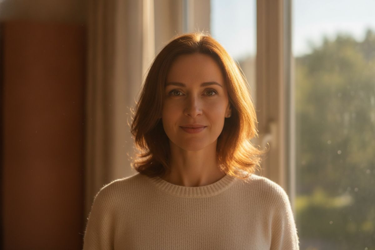 A woman standing in morning light, calm and hopeful