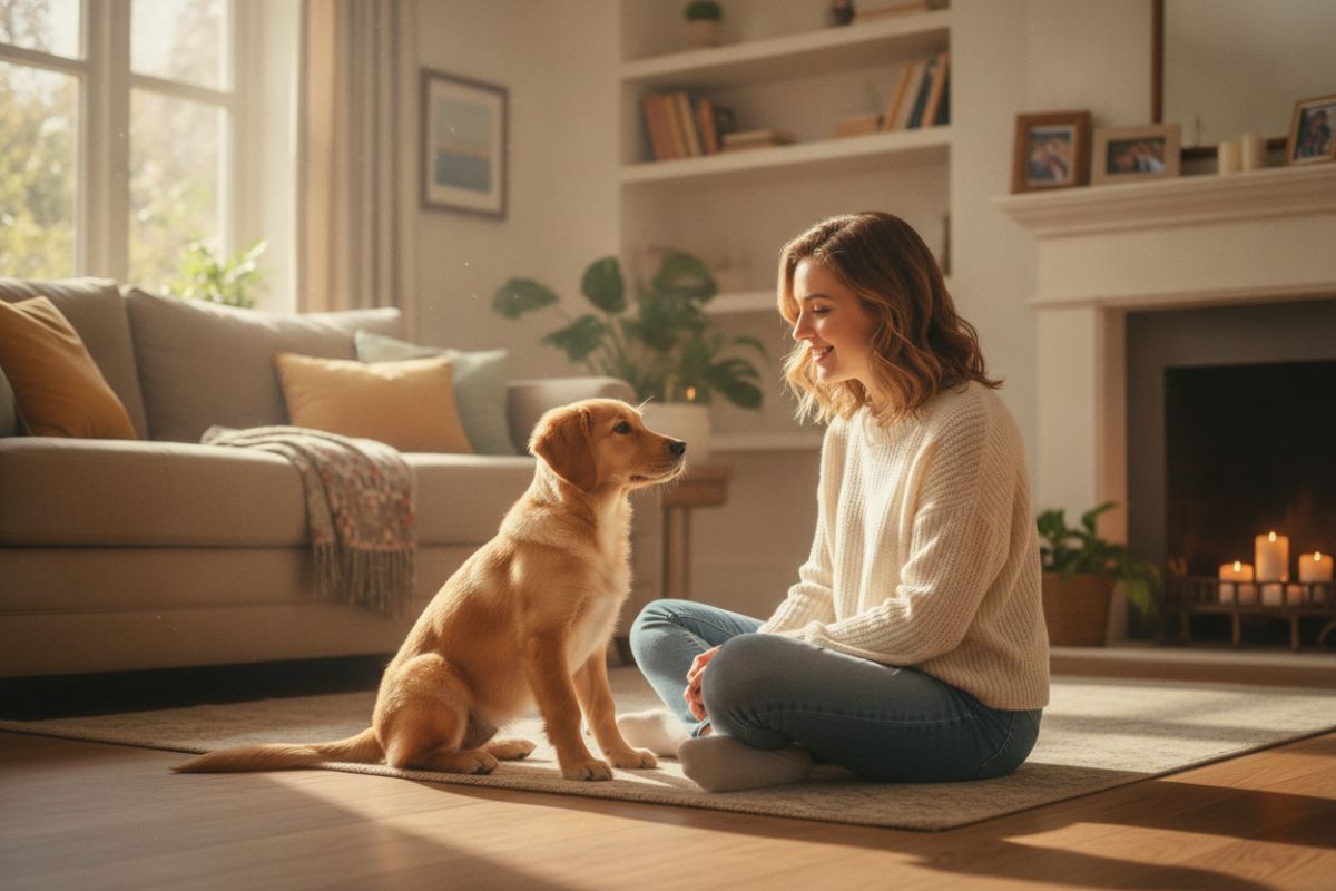 A happy puppy sitting beside its owner